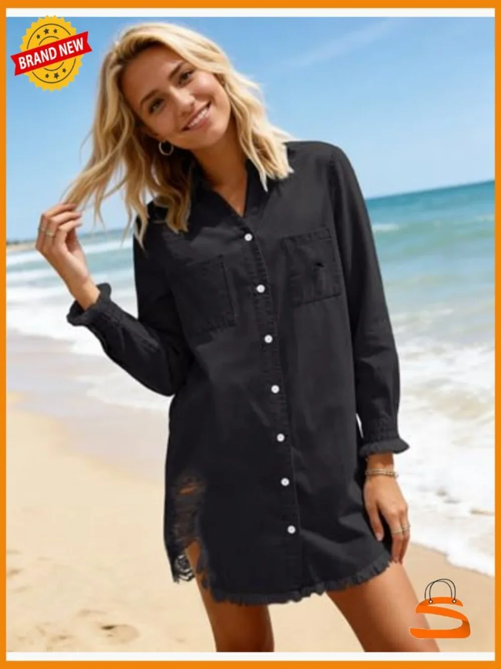 Distressed Denim Shirt Dress Button Down Long Sleeve Jean Tunic